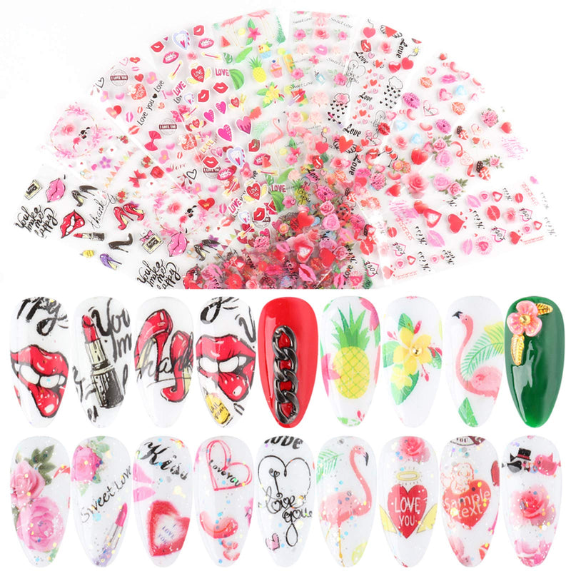 Valentine's Day Nail Foil Transfer Sticker Nail Art Decorations Valentine Nail Foils Nail Art Stickers Decals Sexy Red Lips Love Rose Heart Nails Foil Designs Manicure Tips Wraps Decor (10 Sheets) - BeesActive Australia