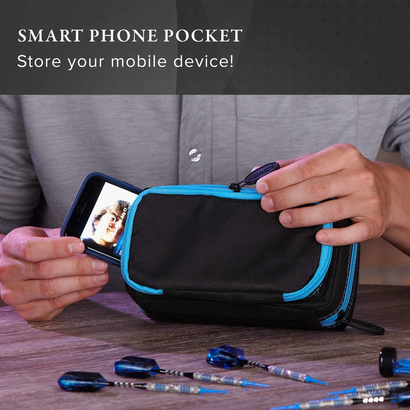 Casemaster Plazma Pro, 6 Dart Case for Soft and Steel Tip Darts, Features Large Front Mobile Device Pocket, Built-In Storage Tubes and Pockets for Flights, Tips, Shafts, and Personal Items Blue Trim - BeesActive Australia