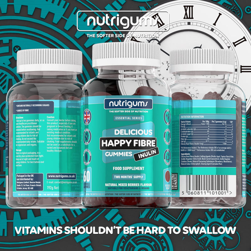 Happy Fibre (Inulin) Prebiotics Mixed Berry 60 Vegan Gummies | Chicory Root, 3.8g Fibre per 2 Gummies. Zero Added Sugar | Gut Health and Digestive System Support | Adults & Kids Age 5+ by NUTRIGUMS� - BeesActive Australia