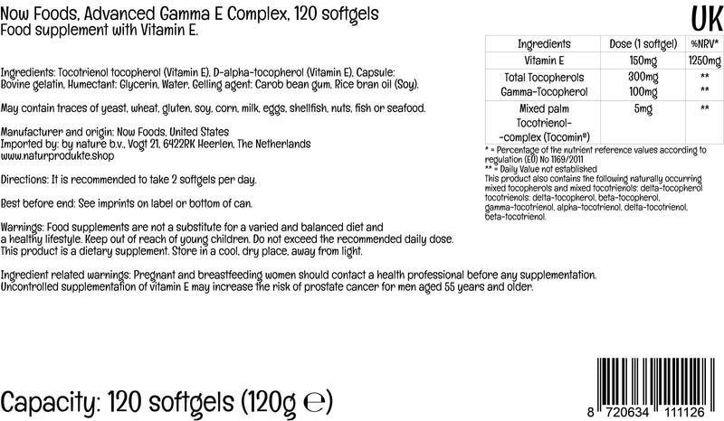 Now Foods, Advanced Gamma-E-Complex, 120 Softgels, Lab-Tested, Vitamin E, Gluten Free, Non GMO - BeesActive Australia