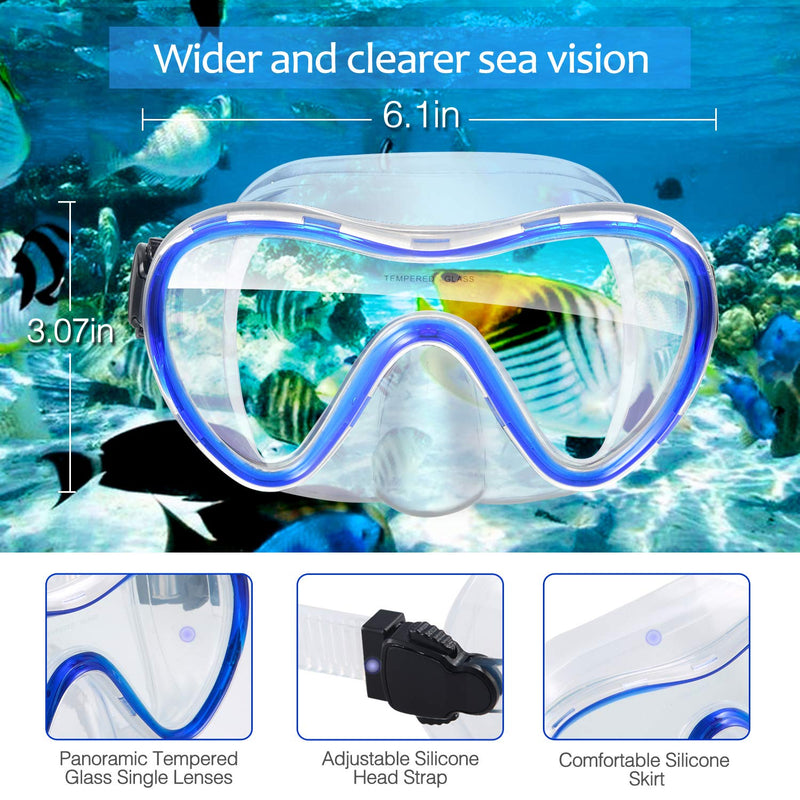 [AUSTRALIA] - Supertrip Snorkel Set Adults-Anti-Fog Film Scuba Diving Mask Impact Resistant Panoramic Tempered Glass Easybreath Anti-Leak Dry Top Snorkeling Packages with Waterproof Case & Carrying Bag Blue 