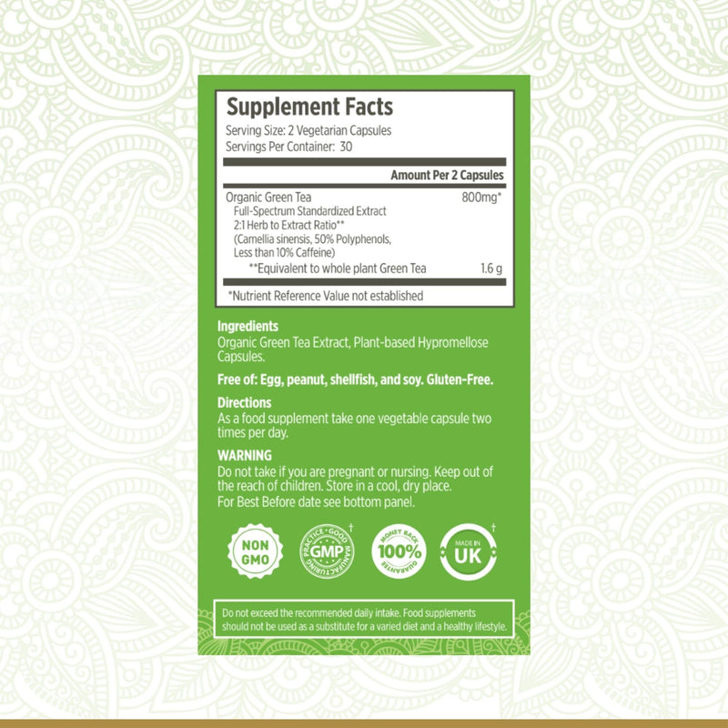 Organic Green Tea Extract Capsules - Certified Organic by Soil Association | 100% Natural Supplement | Natural Low Caffeine Source | Vegan | Ayurveda | 60 Easy Swallow Green Tea Tablets | Made in UK 60 Count (Pack of 1) - BeesActive Australia