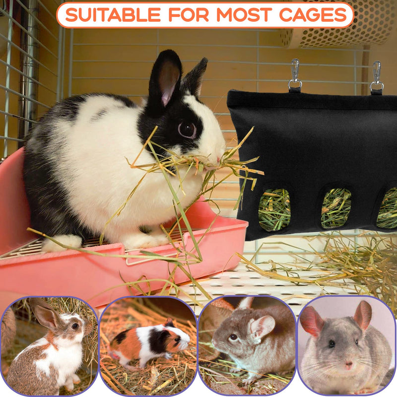 Rabbit Hay Feeder, Bunny Hay Bag for Rabbits, 3 Holes Large Capacity 600D Oxford Cloth Fabric Hanging Hay Feeder Bag for Small Animal M-11"x13.8" Black - BeesActive Australia