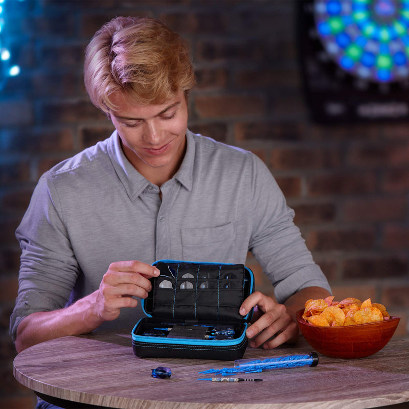 Casemaster Plazma Pro, 6 Dart Case for Soft and Steel Tip Darts, Features Large Front Mobile Device Pocket, Built-In Storage Tubes and Pockets for Flights, Tips, Shafts, and Personal Items Blue Trim - BeesActive Australia