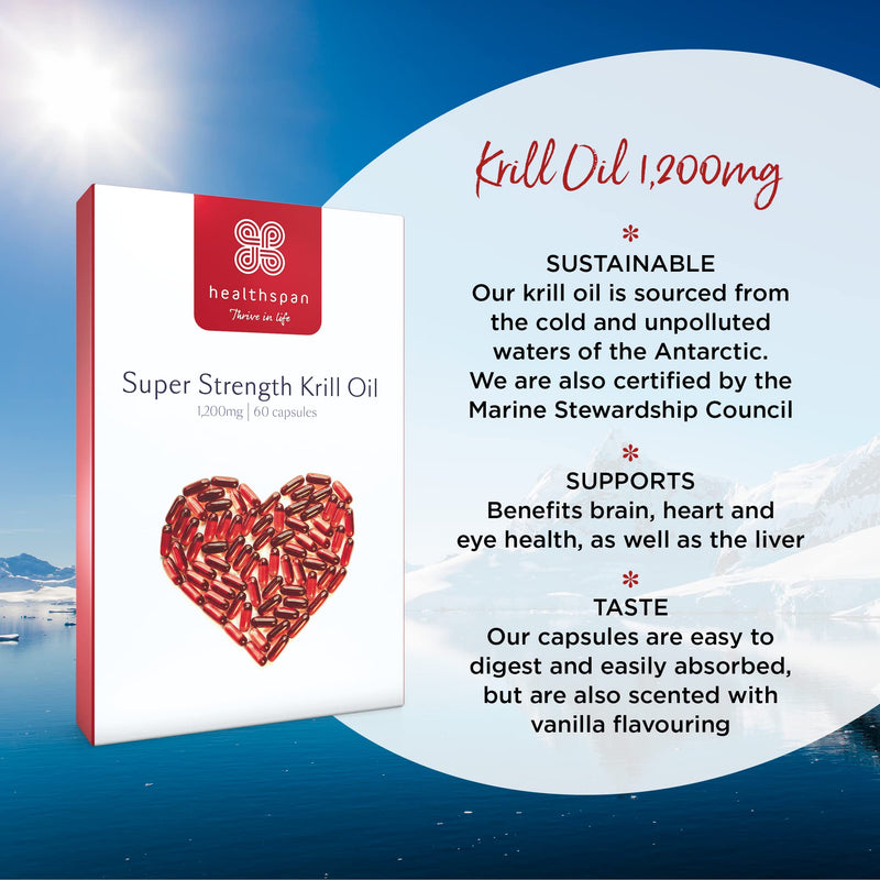 Healthspan Krill Oil 1,200mg | Super Strength | 60 Capsules | Sustainably Sourced | Vanilla Flavoured | Astaxanthin | Marine Phospholipids - BeesActive Australia