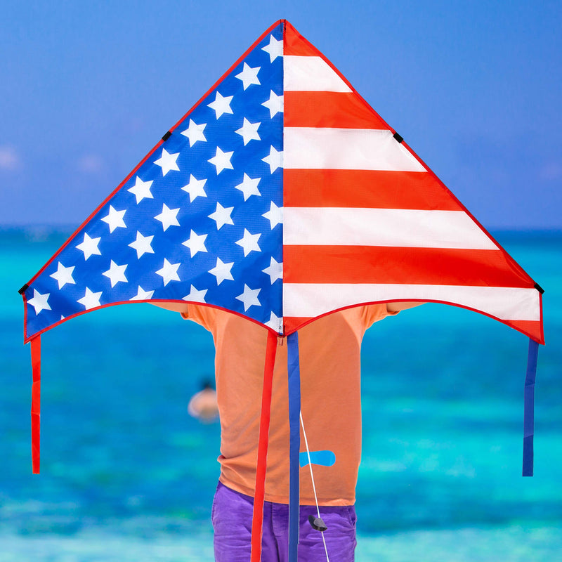 JEKOSEN 50" Patriotic American Flag Large Delta Kite for Kids and Adults Single Line with 58" Tail String Easy to Fly for Beach Trip Park Family Outdoor Games and Activities Red/Blue/White - BeesActive Australia