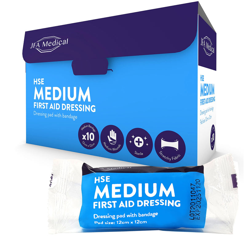 JFA Medical HSE Medium Sterile First Aid Wound Dressing Bandage with Pad 12 x 12cm - Pack of 10 Bandages 10 Count (Pack of 1) - BeesActive Australia