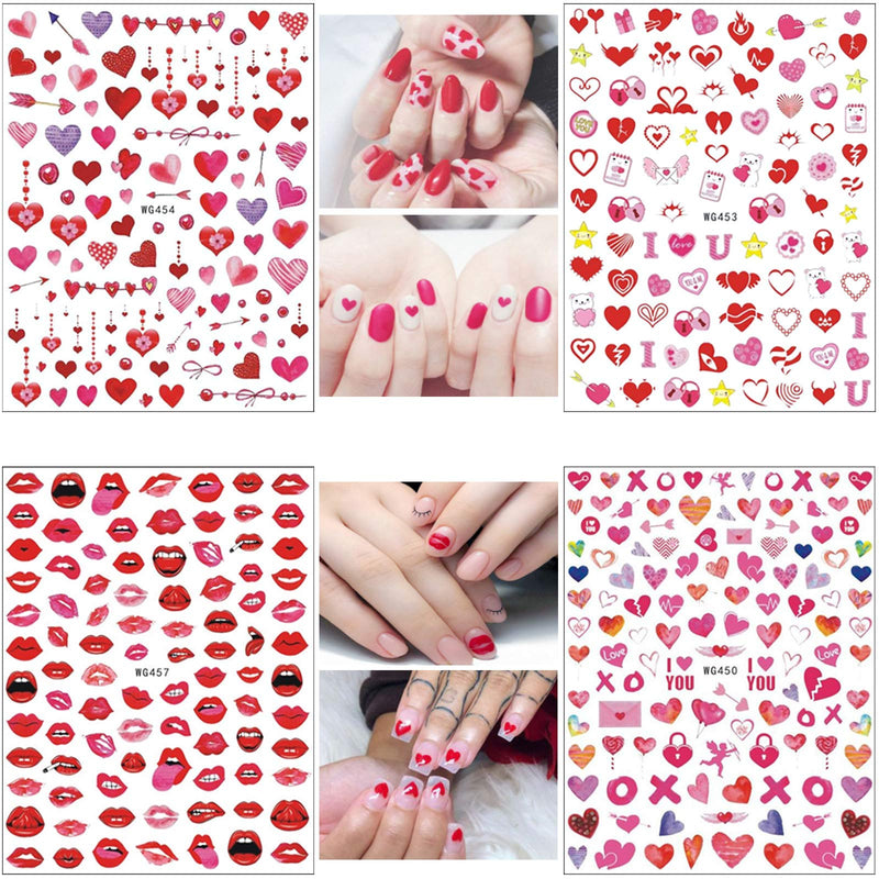 Valentine's Day Nail Stickers 3D Heart Nail Decals Valentine Nails Sticker Decal Self-Adhesive Sexy Lips XO Love Kiss Heart Designs Nail Decorations for Women Kids Girls Manicure Decor (8 Sheets) - BeesActive Australia