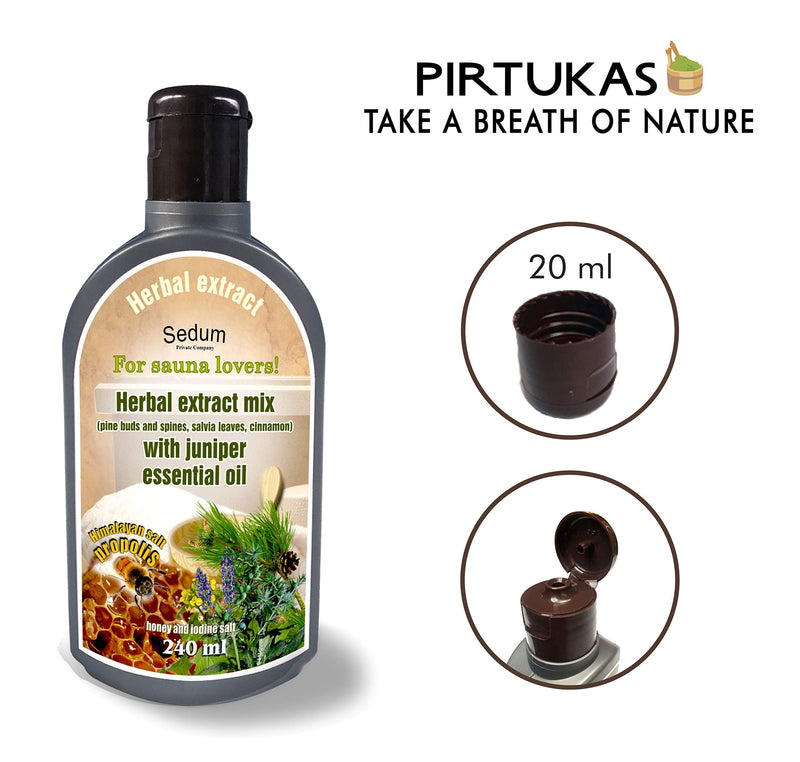 Sedum Natural Herbal Extract for Sauna, Massage, Broom Soaking - Herbal Sauna Extract Mix (Pine Buds and spines, salvia Leaves, Cinnamon) with Juniper Essential Oil, Honey and Iodine Salt - 240ml Pine Buds and Spines, Salvia , Cinnamon, Juniper - BeesActive Australia