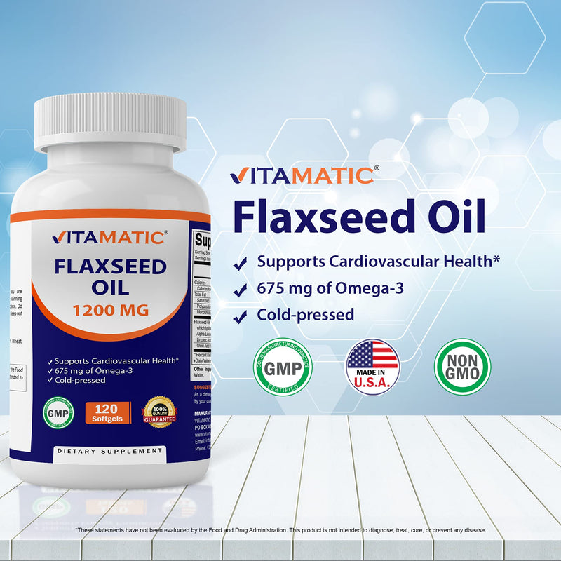 Vitamatic Flaxseed Oil 1200mg 120 from Cold Pressed Flax Seed - 675 mg of ALA Omega 3 Fatty Acids for Improving Heart Health - BeesActive Australia