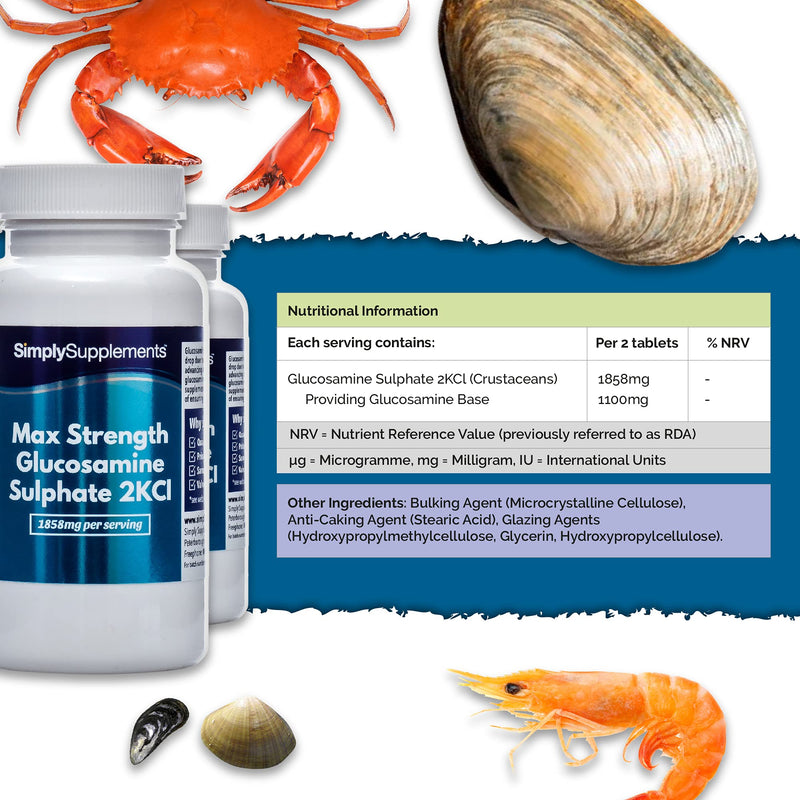 Maximum Strength Glucosamine Sulphate 2KCl | 1858mg Per Serving | 2 x 180 Tablet Bottles = 360 Tablets Total | Manufactured in The UK - BeesActive Australia