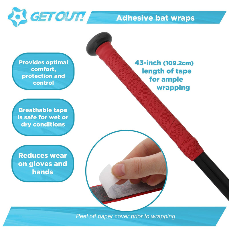 Get Out! Baseball Bat Grip Tape - 43in Sport Grip Wrap Tape Cushioned Bat Skin Adhesive Handle Wrap Grip Tape Red - BeesActive Australia