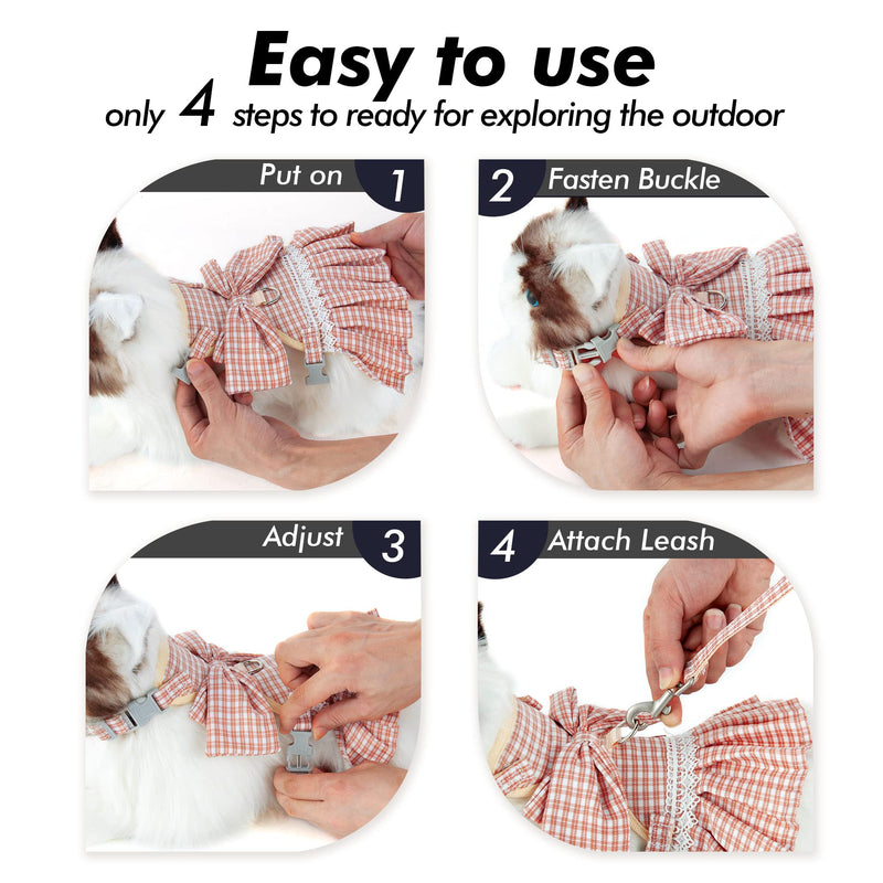Kaqipeet Cat Harness and Leash Set for Walking Escape Proof, Kitten Harness with Bowtie Plaid JK Skirt for Cats, Lifetime Replacement Small Pink Plaid - BeesActive Australia