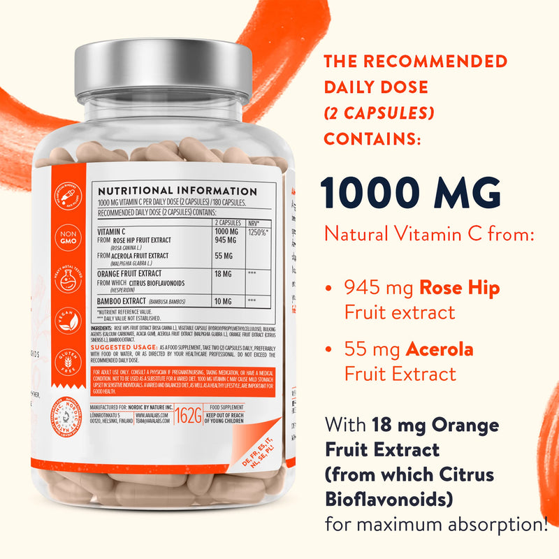 Natural High Strength Vitamin C 1000mg -180 Vitamin C tablets - 100% Vegan Acerola Fruit Extract - with Citrus Bioflavonoids and Rosehip - Vitamin C Capsules -Supports Immune Function- 3 Months Supply - BeesActive Australia
