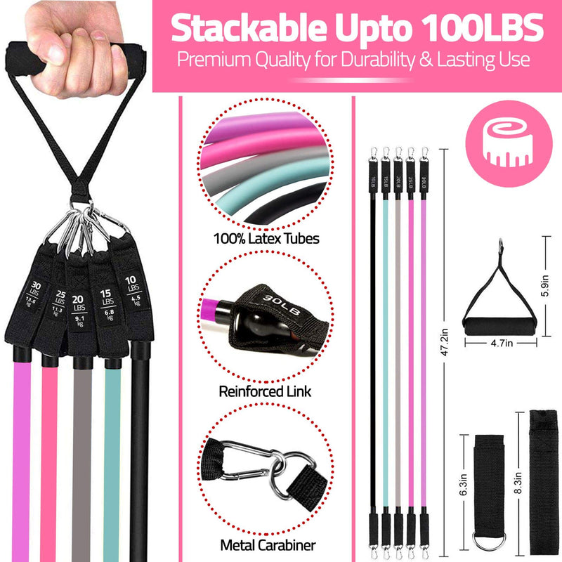 Resistance Bands with Handles - 11-Piece Workout Band Set for Women - Handles and Carrying Bag Included – Non-Slip Work Out Booty Bands - Heavy Duty Fitness Bands for Butt and Legs Exercise Pink 100lbs - BeesActive Australia