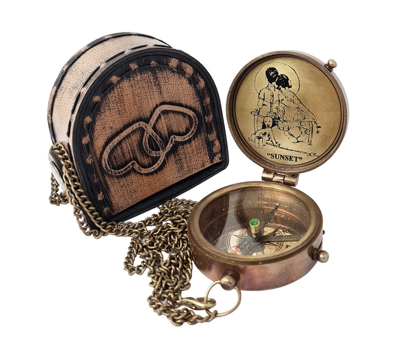 Brass Nautical - Engraved Compass with a Romantic Emotional Message, Gift for Husband, Anniversary, Wedding Gift for Him, Long Distance Gift, I Miss You, Valentine Grow Old Along With Me, With Sunset Painting - BeesActive Australia