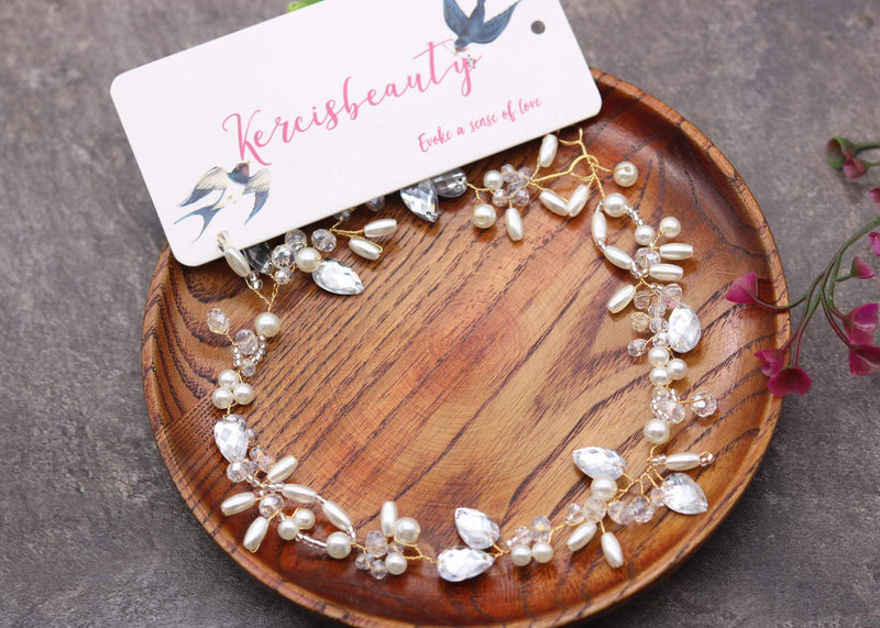 Kercisbeauty Wedding Bridal Headband Pearl Headpiece for Women Girls Prom Headpiece Vintage Boho Tiara Bridesmaid Hair Accessories (Gold) Gold - BeesActive Australia