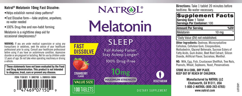 Natrol Melatonin Fast Dissolve Tablets, Helps You Fall Asleep Faster, Stay Asleep Longer, Easy to Take, Dissolve in Mouth, Strengthen Immune System, Maximum Strength, Strawberry Flavor, 10mg, 100Count 100 Count (Pack of 1) - BeesActive Australia