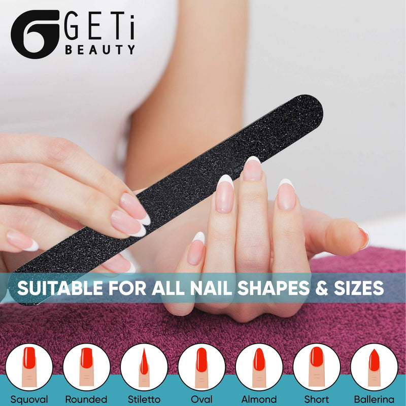 GETi Beauty Nail Files 10-Pcs Made in U.S.A – For Natural and Acrylic Nails – -100/180 Coarse and Medium Fine Grit – Washable and Reusable – Durable Abrasive Emery – Double Sided Cushion Black 100/180 Grit (10 Pack) - BeesActive Australia