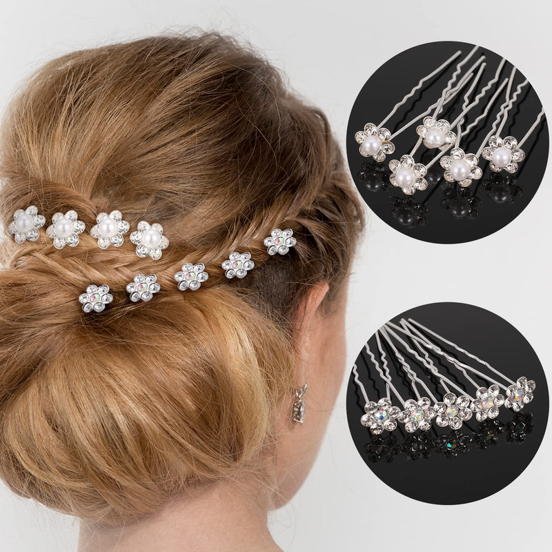AUXSOUL 30Pcs Bridal Hair Pins, Crystal Pearl Hair Pins U Shaped Diamond Hair Pins, Wedding Rhinestone Hair Clip for Women Girl (6 styles) - BeesActive Australia