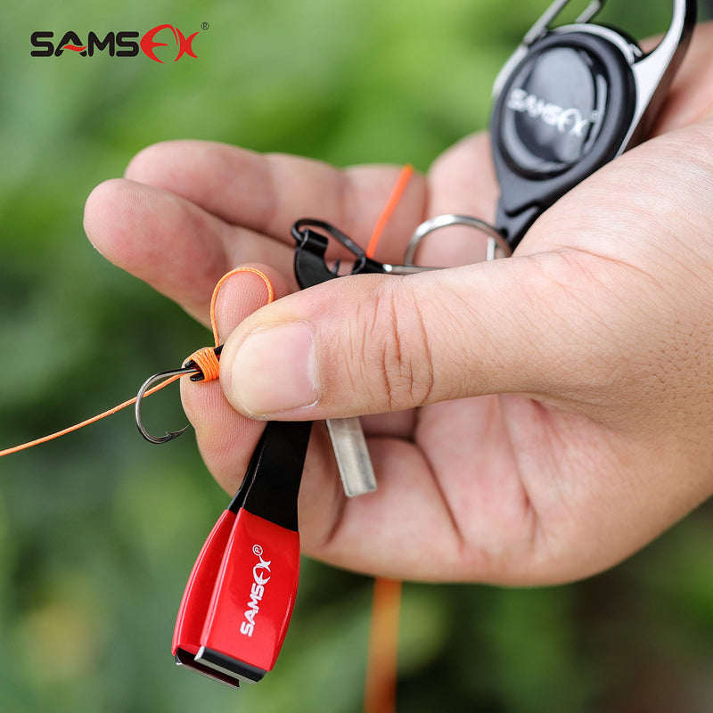 SAMSFX Fly Fishing Knot Tying Tools Quick Knot Tool for Fishing Hooks, Lures, Flies, Trout Line Backing, Come with Zinger Retractors 2sets Black Knot Tool(Red Grip) & Carabiner Zinger - BeesActive Australia