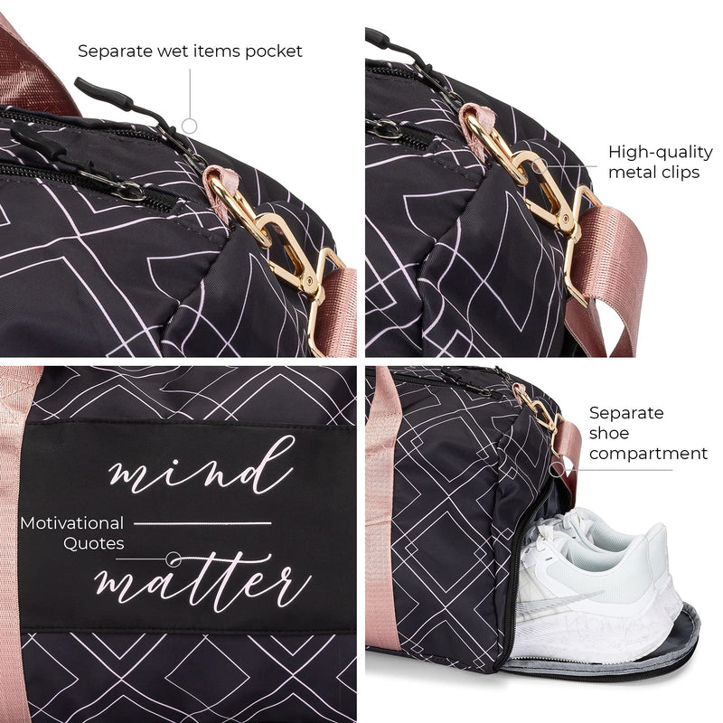 Gym Bag for Women with Shoe Compartment and Wet Pocket | Durable Lightweight Gym Duffle with Motivational Quote and Graphic Designs | Great for Working Out, Travel, and Overnights | Black/Rose - Diamond - BeesActive Australia