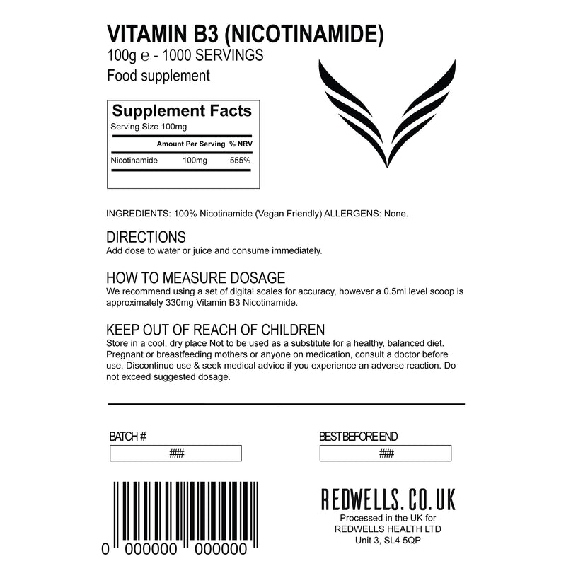 Vitamin B3 Powder Nicotinamide REDWELLS Non Flush Powder GMO Free - 100g Pack 100 g (Pack of 1) - BeesActive Australia
