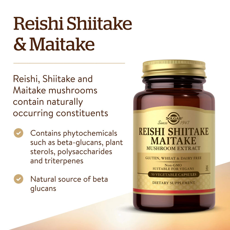 Solgar Reishi Shiitake Maitake Mushroom Extract - Vegetable Capsules - Pack of 50 - Combination of Japanese Mushrooms - Gluten Free - Vegan - BeesActive Australia