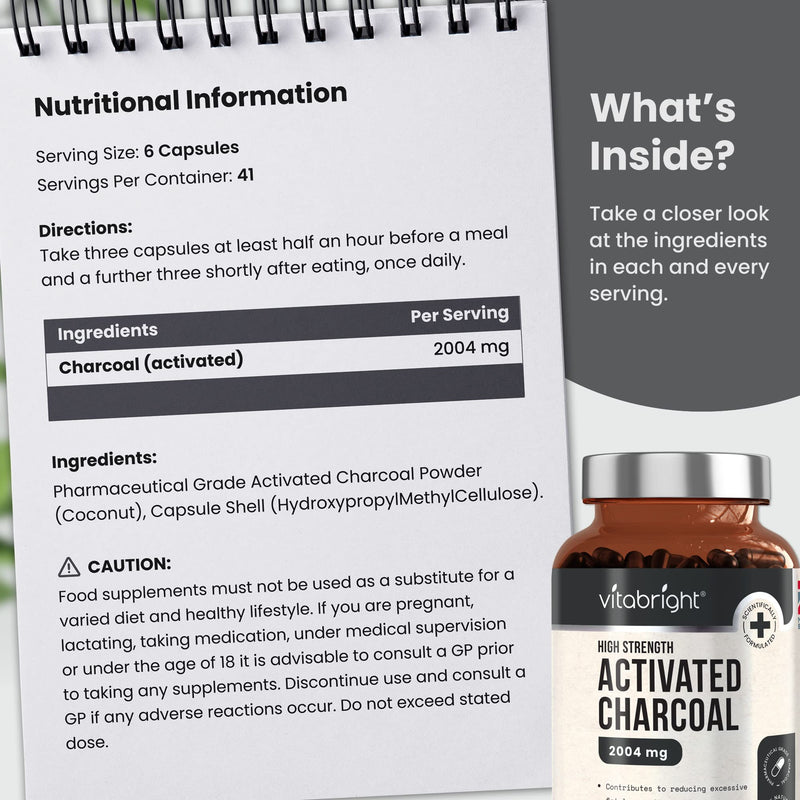 Activated Charcoal Capsules - 250 Capsules - 2004mg per Serving of 6 Capsules - from Natural Coconut Shell - for Indigestion, Bloating, Excessive Flatulence, Gas - Vegan - Made in UK by VitaBright - BeesActive Australia