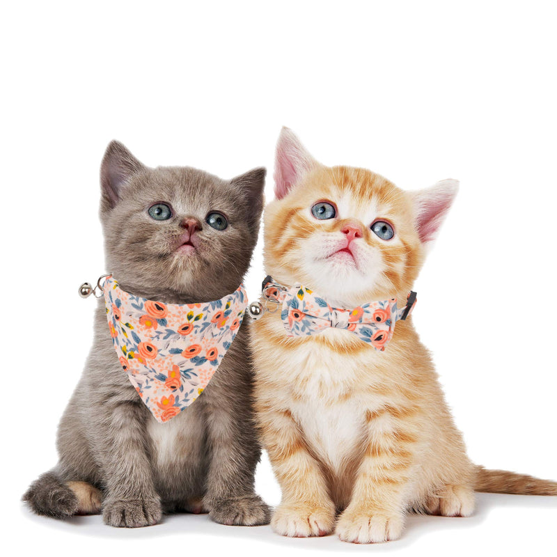 ADOGGYGO Cat Collar Breakaway with Cute Bow Tie Bell - 2 Pack Kitten Collar with Removable Bowtie Different Pattern Cat Bowtie Collar for Cat Kitten Orange Floral - BeesActive Australia