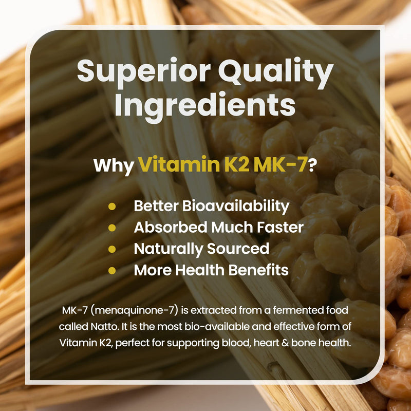 Vitamin K2 MK-7 - Optimal Strength 100mcg - from Natto - Sourced from Plant-Based Natural Ingredients - 120 Easy to Swallow Vegan Capsules (Not Tablets) - Menaquinone-7 - Made in UK by VitaBright - BeesActive Australia