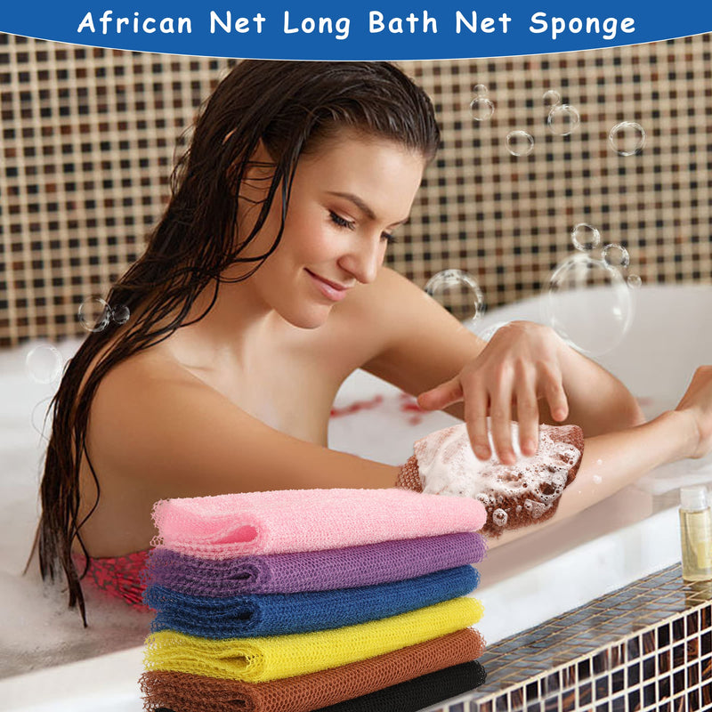 6 Pieces African Net Sponge African Exfoliating Net Long African Bath Sponge Washcloth Shower Net African Body Scrubber Net for Skin Smoother Daily Use(Pink,Yellow,Purple,Black,Blue,Brown) 1 Count (Pack of 6) 6.0 - BeesActive Australia
