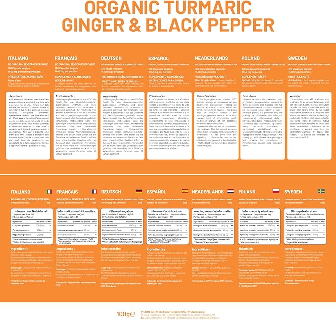 Turmeric Curcumin with Black Pepper & Ginger 1440mg I 120 Vegan Turmeric Capsule High Strength (2 Month Supplied) I Made in England by Prowise Health Care (Pack of 1) - BeesActive Australia