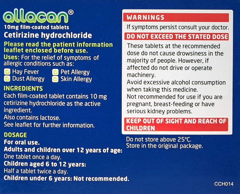 12 Months Supply Allacan Cetirizine Hayfever and Allergy Tablets 30 x 10 (30 x 2 in each box) - BeesActive Australia