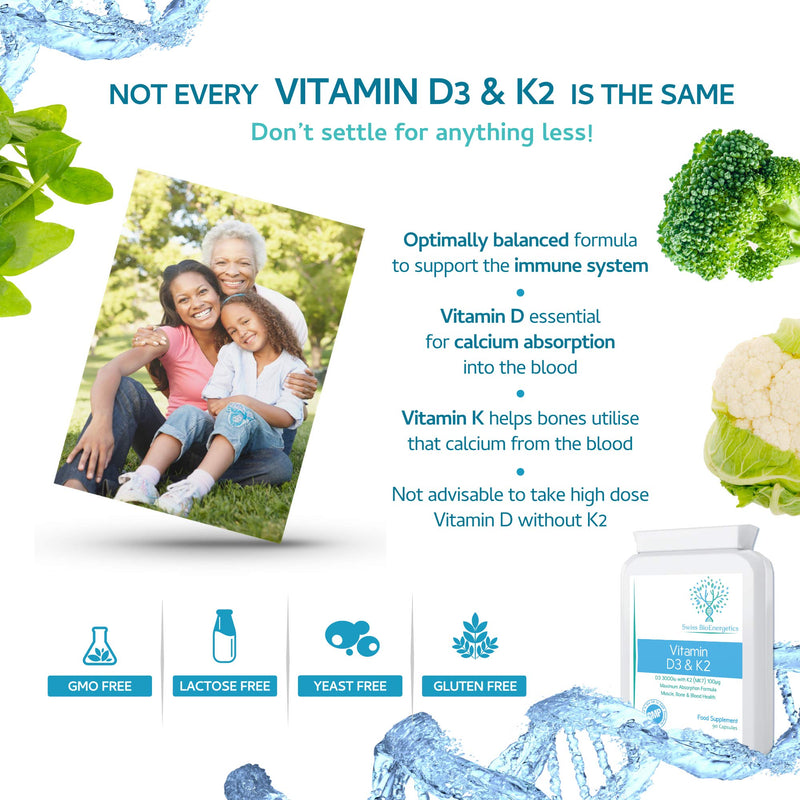 Vitamin D 3,000 IU & Vitamin K2 100ug MK7 Vegetarian Capsules - 90-Day Supply of Vitamin D3 Supplement Source of Cholecalciferol � Exclusively Manufactured in The UK for Maximum Absorption - BeesActive Australia