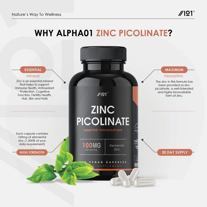Zinc Picolinate 100mg - 1000% Daily NRV - Elemental Zinc Picolinate - 120 Vegan Capsules - No Additives � Non-GMO, Gluten Free. 120 Count (Pack of 1) - BeesActive Australia