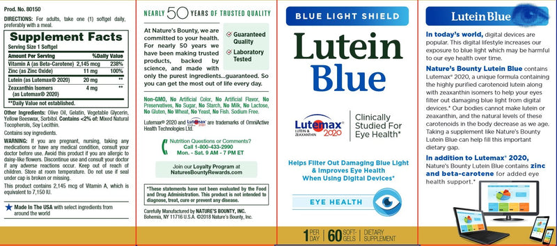 Nature's Bounty Lutein Blue Pills, Eye Health Supplements and Vitamins with Vitamin A and Zinc, Supports Vision Health, 60 Softgels 60 Count - BeesActive Australia