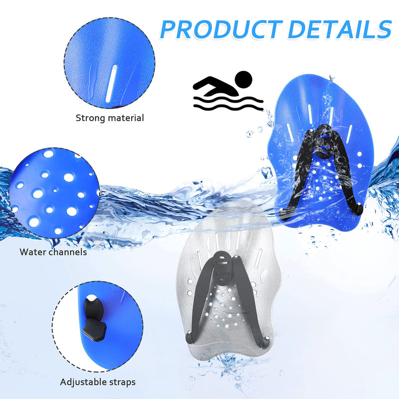 Skylety 2 Sets Swim Hand Paddles, Swim Training Contoured Exercise Adjustable Straps Swimming Paddles with Ear Plugs and Nose Clip for Women Men Children Silver, Blue - BeesActive Australia