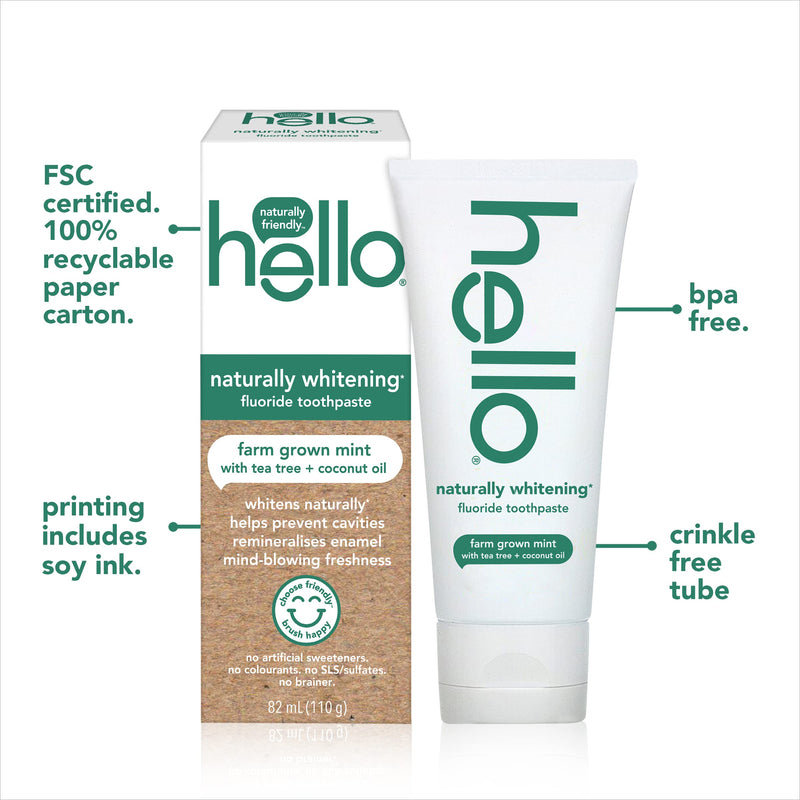 Hello Naturally Whitening Fluoride Toothpaste - Vegan, SLS  Free, Peroxide Free, Natural Farm Grown Mint Flavour 82 ml - BeesActive Australia
