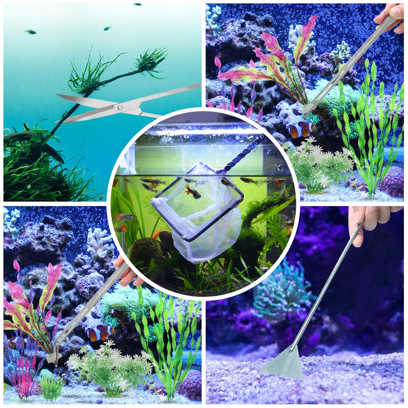 Liveek Extra Long Aquarium Aquascaping Tools Kit 8 in 1, Stainless Steel Aquarium Plant Tools Long Fish Tank Aquascape Tools Tweezers Scissors Scrapers, PH Paper, Fish Net, Aquarium Clean Brush, Bag - BeesActive Australia