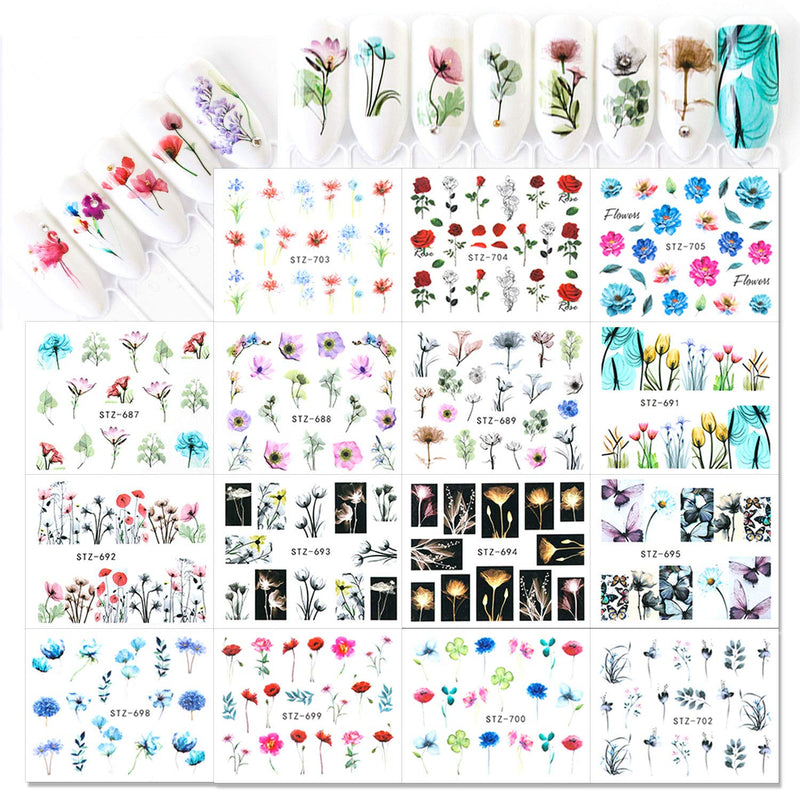 Flower Nail Art Stickers Nail Decals Supplies 24 Sheets Assorted Patterns Blossom Flower Art Design Leaves Water Transfer Decals Decorations for Women DIY Acrylic Nail Accessories - BeesActive Australia