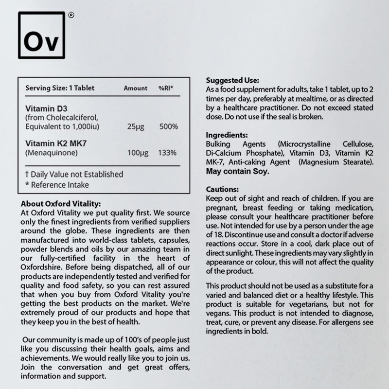 Vitamin D3 and K2 | Bone Support Supplement | Vitamin D 1000iu & Vitamin K2 MK-7 100mcg | Easy to Swallow Tablets | GMO Free by Oxford Vitality 1000 - BeesActive Australia