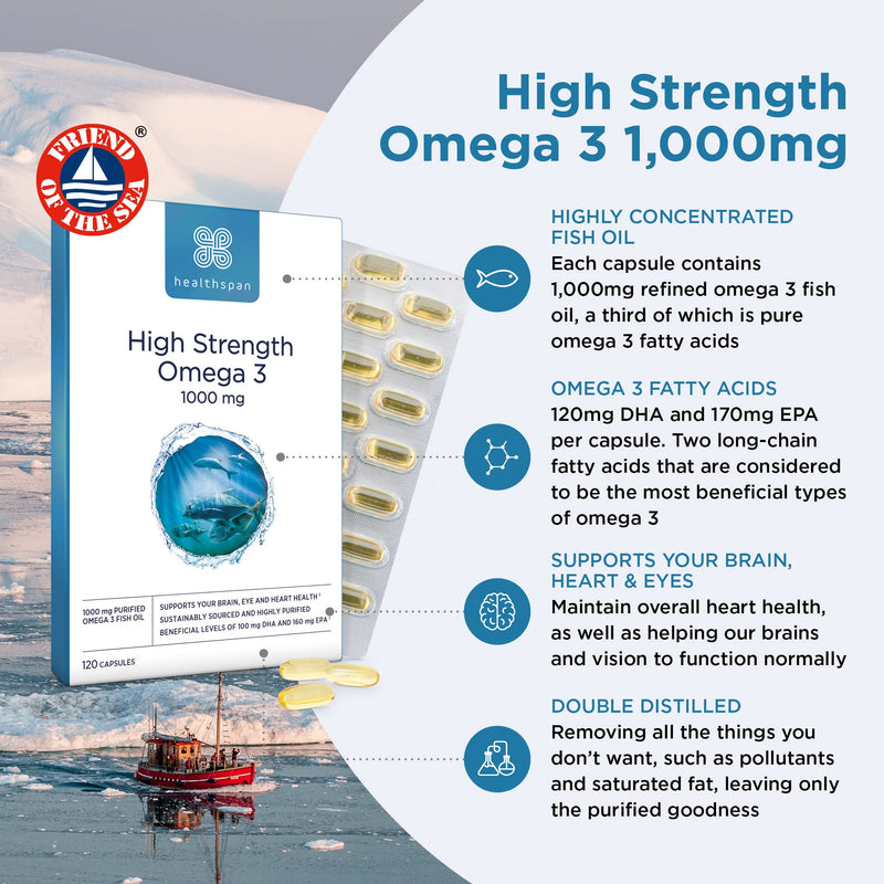 Healthspan High Strength Omega 3 1,000mg (120 Capsules) | Supports Brain, Eye & Heart Health | 120mg DHA & 170mg EPA Per Capsule | Highly Purified to Remove Toxins | Sustainably Sourced Fish Oil 120 Count (Pack of 1) - BeesActive Australia