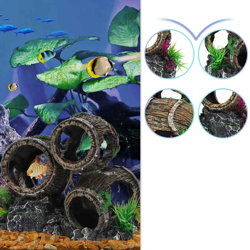UNEAK - Aquarium Decorations Three Stacked Broken Barrels Fish Tank Decoration Ornament Landscaping Over Rocks Cave Saltwater Freshwater Small & Medium Fish Garden Pond Ornaments Resin - BeesActive Australia
