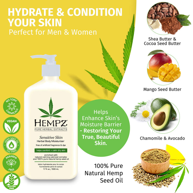 Hempz Sensitive Skin Herbal Body Moisturizer with Oatmeal, Shea Butter for Women and Men, Premium, Soothing Body Lotion with Hemp Seed, Cocoa Seed, Mango Seed for Dry Skin, 17 Fl Oz 16.91 Fl Oz (Pack of 1) - BeesActive Australia