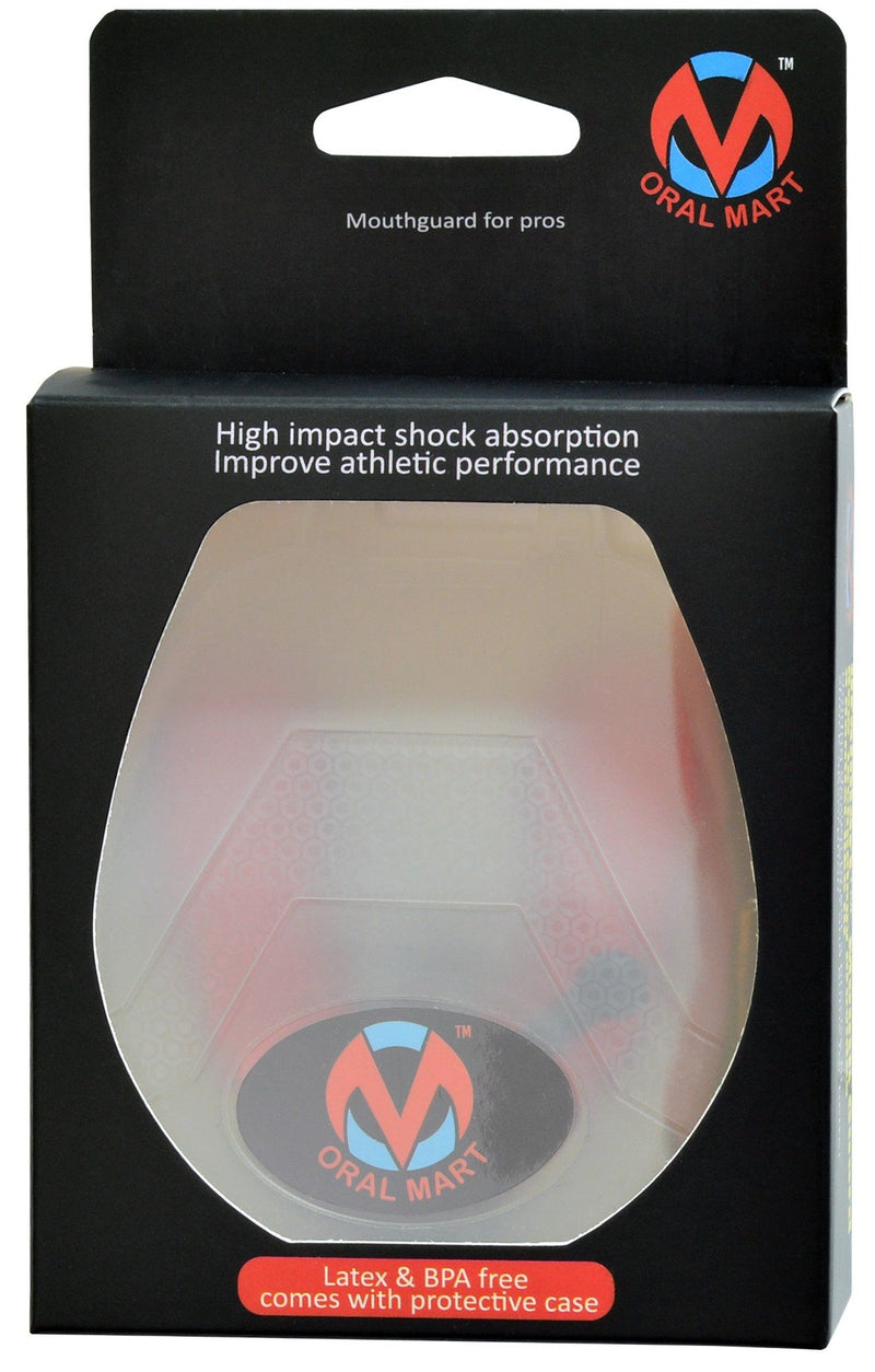 [AUSTRALIA] - Oral Mart Sports Mouth Guard with Strap (6 Best Colors & USA Flag) (Football/Lacrosse/Ice Hockey) - Strapped Mouthguard for Football, Ice Hockey, Lacrosse, College Football (/w Vented Case) Red Blaze Adult (Age 11 & Up) 