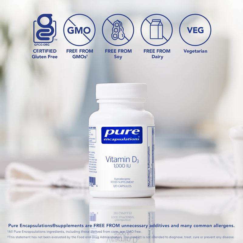 Pure Encapsulations - Vitamin D3 1,000 IU - Hypoallergenic Pure Vitamin D Supplement - Immune System, Bone and Muscle Function Support - 120 Capsules - BeesActive Australia