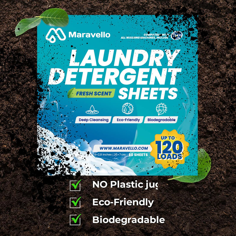 Maravello Laundry Detergent Sheets, Earth Eco-friendly Space Saving Plastic Free Biodegradable Easy to Carry and Use, Cruelty-Free Non-Irritating Safe for Baby And Sensitive Skin (Fresh scent, 120 Loads) - BeesActive Australia