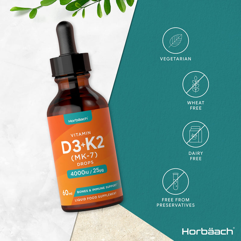 Vitamin D3 4000 IU Plus Vitamin K2 MK7 25ug | 60 ml Liquid Drops | High Strength Bone Health and Immune Support | by Horbaach - BeesActive Australia