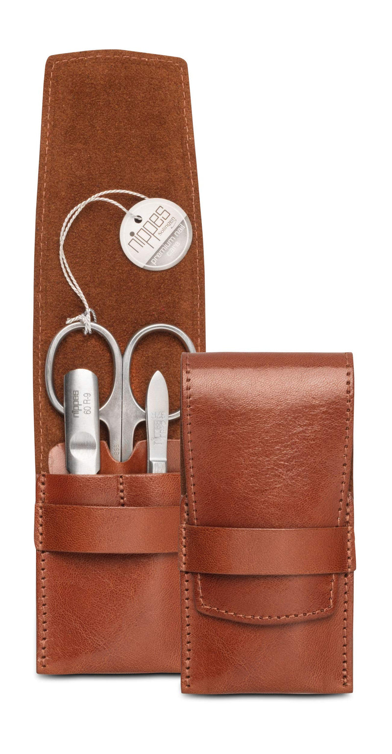 Nippes Solingen Manicure Set Whiskey 3 Pieces Stainless Steel Rust and Nickel Free Genuine Cowhide Leather Case with Flap Closure Nippes Premium Line Brown - BeesActive Australia